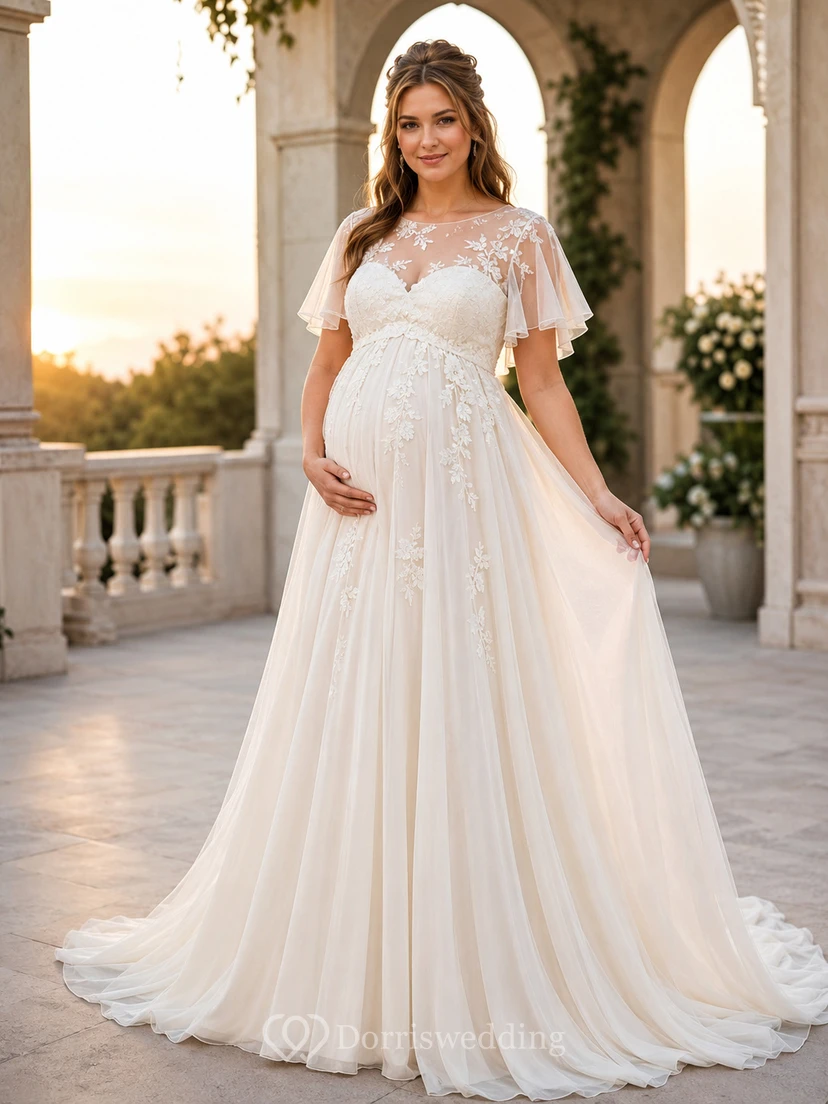 Maternity Romantic Flutter Sleeve Lace Chapel Train Wedding Dress