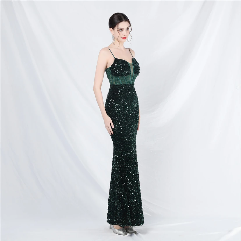 Vestido de noche pesado, estilo palacio, chaleco con diseño de espina de pescado, cintura con bordado de diamantes, flores, hombros descubiertos y tirantes. Vestido de alta gama. view 36