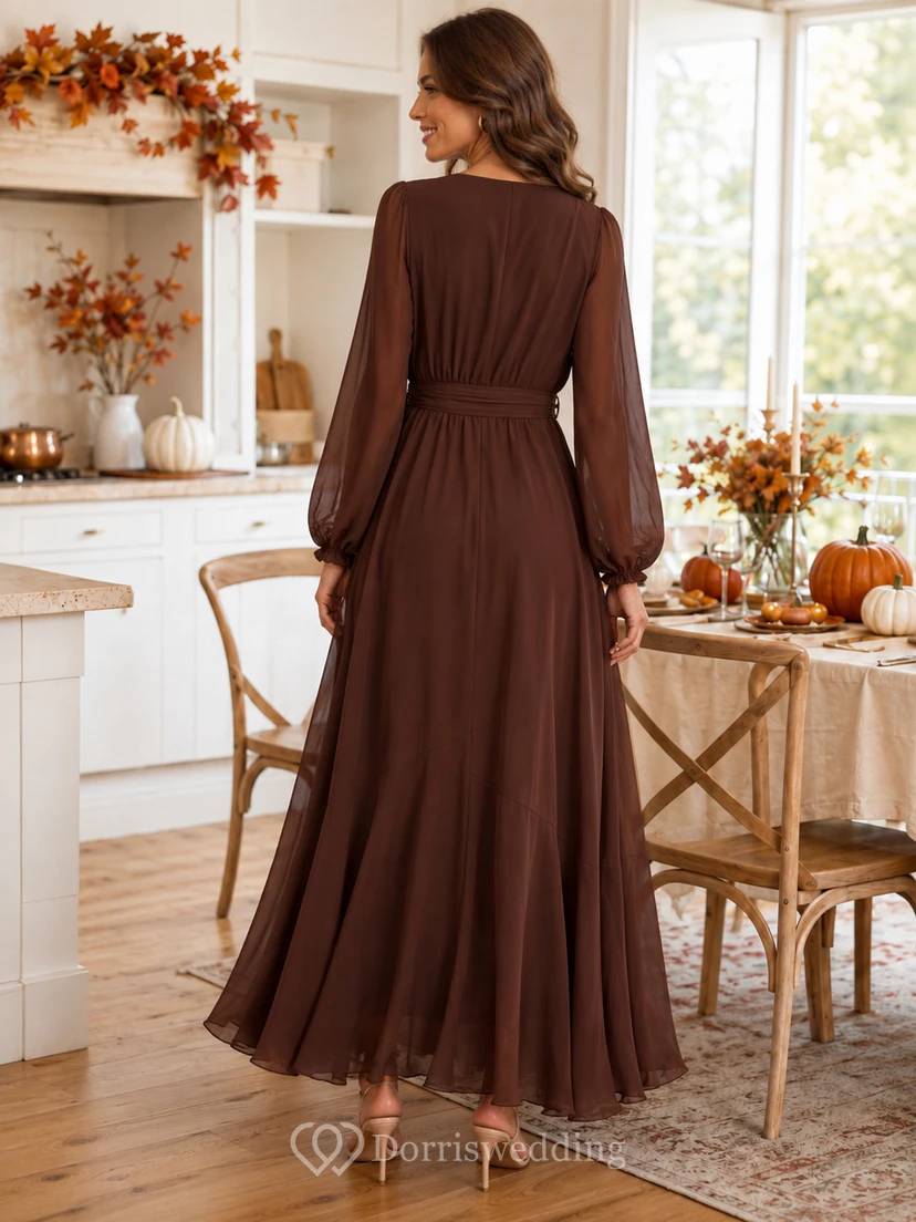 Robe midi portefeuille en mousseline marron chocolat à manches longues view 2