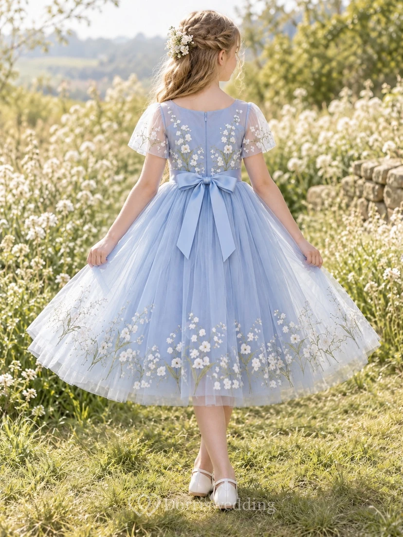 Tea-length Steel Blue Flutter Sleeve Floral Embroidered Tulle Bow Flower Girl Dress view 2
