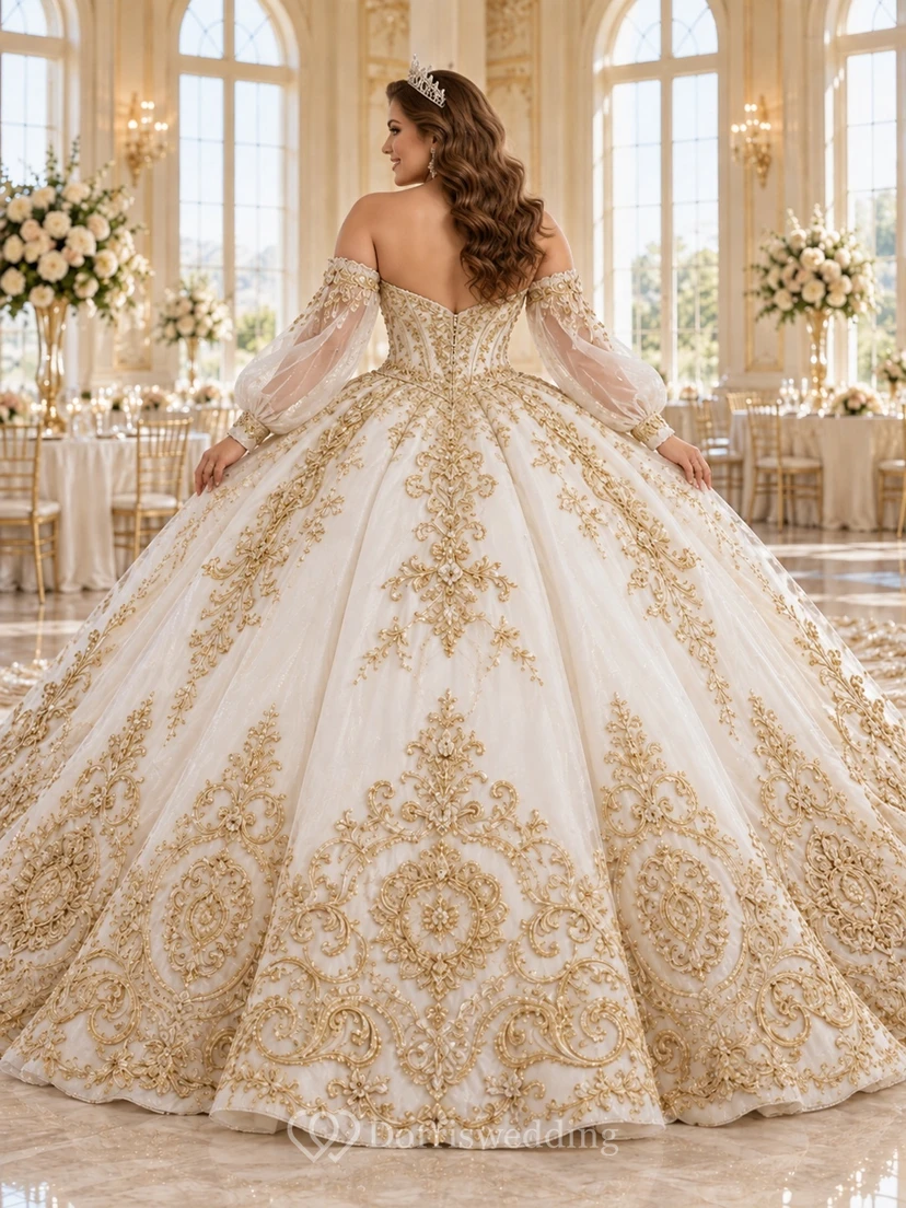 Vestido de novia largo de manga larga con escote corazón y hombros descubiertos, estampado floral dorado y bordados ornamentados. view 2