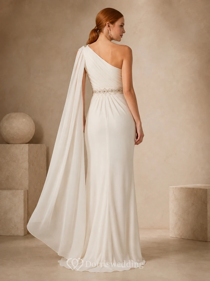 Brautkleid mit einseitiger Schulter, ärmellos, aus Chiffon, bodenlang, mit Cape view 2