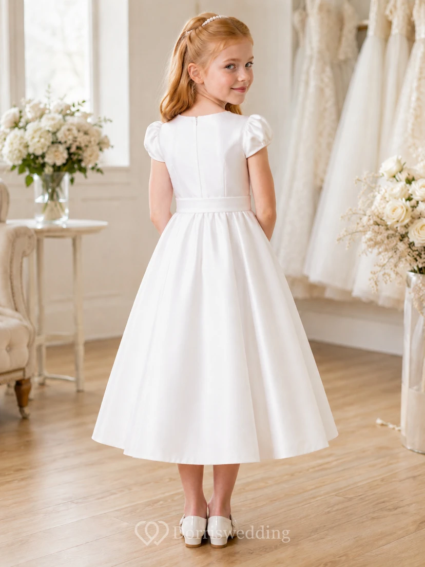 Flower Girl Dress Ivory Satin A-Line Jewel Neck Tea Length Bow Detail view 2
