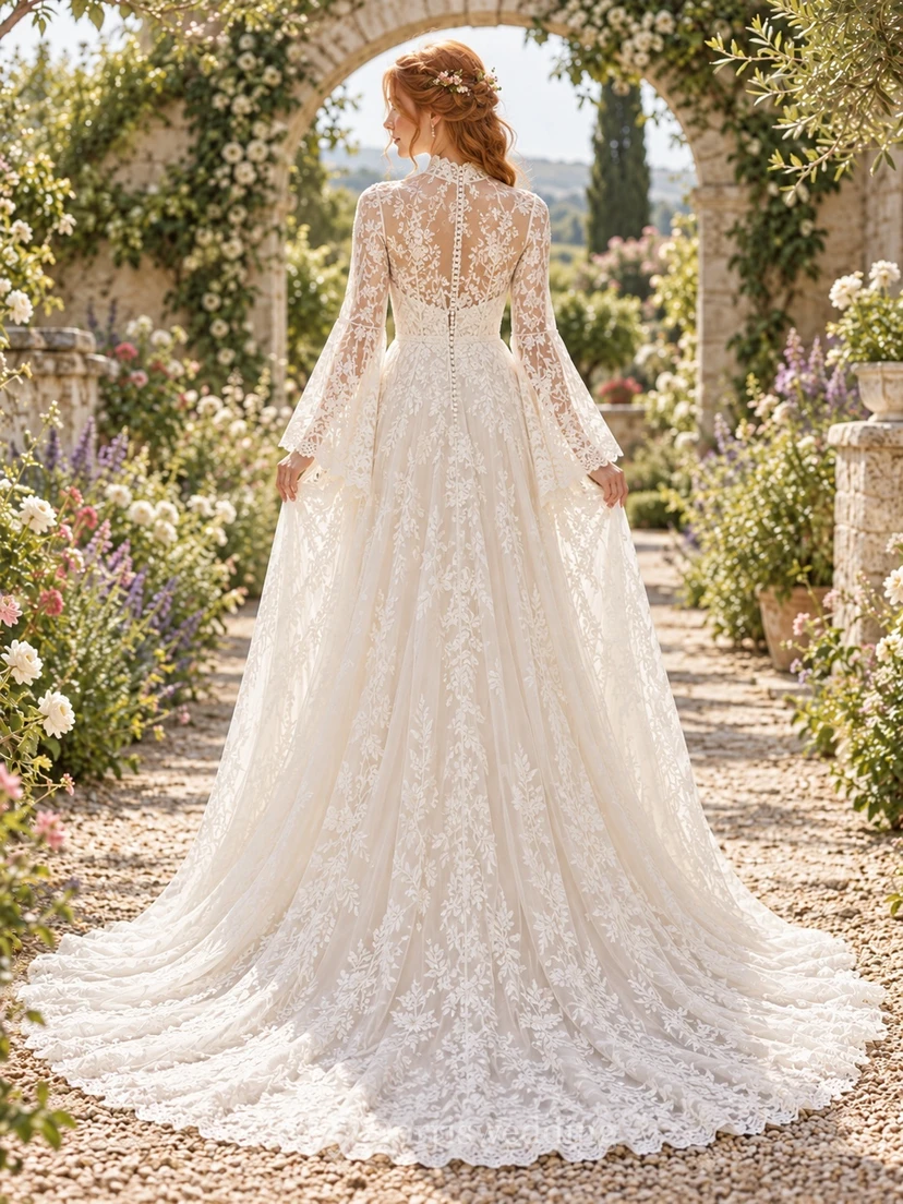Boho High Neck Bell Sleeve Floral A-Line Wedding Dress view 2
