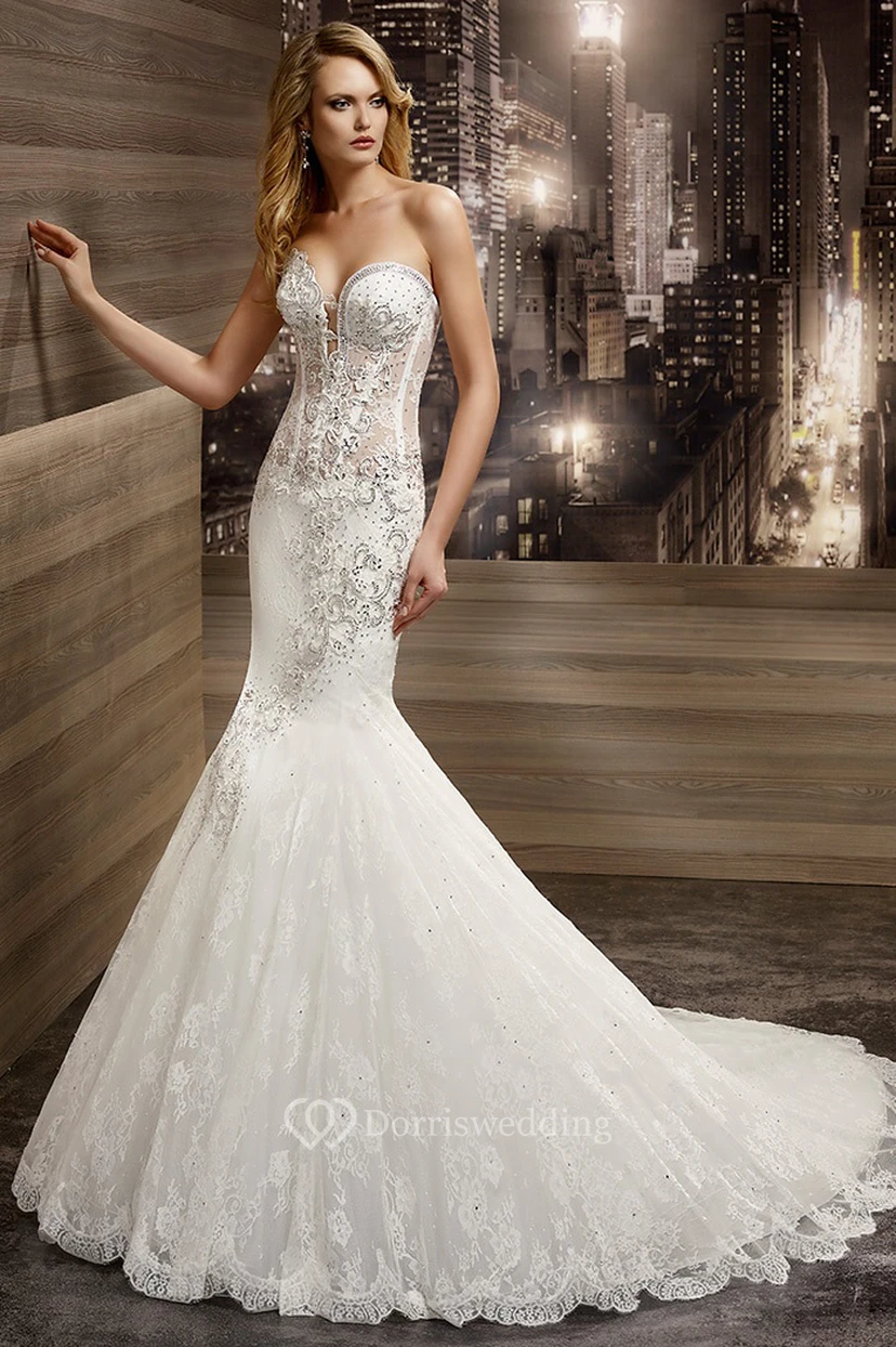 Sweetheart Mermaid Beaded Bridal Gown With Floral Embroidery And Brush Train