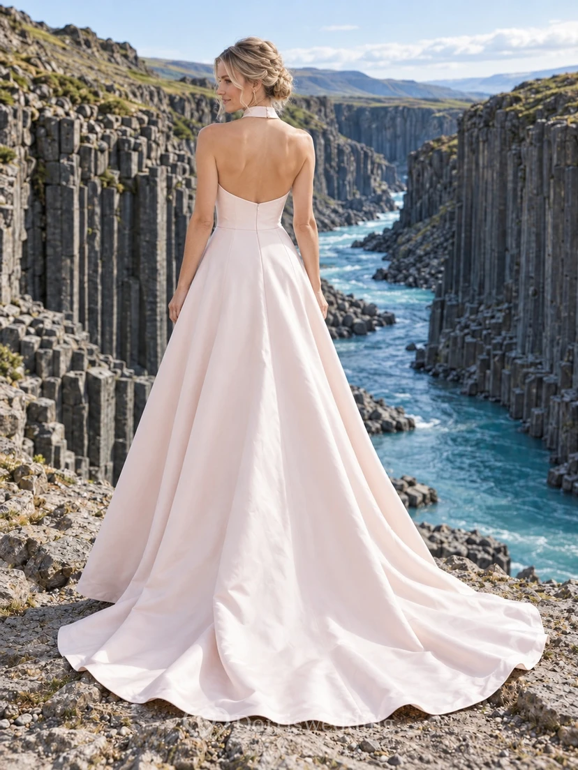 Vestido de novia de corte A en tafetán color rosa empolvado, sin mangas y con cuello alto. view 2