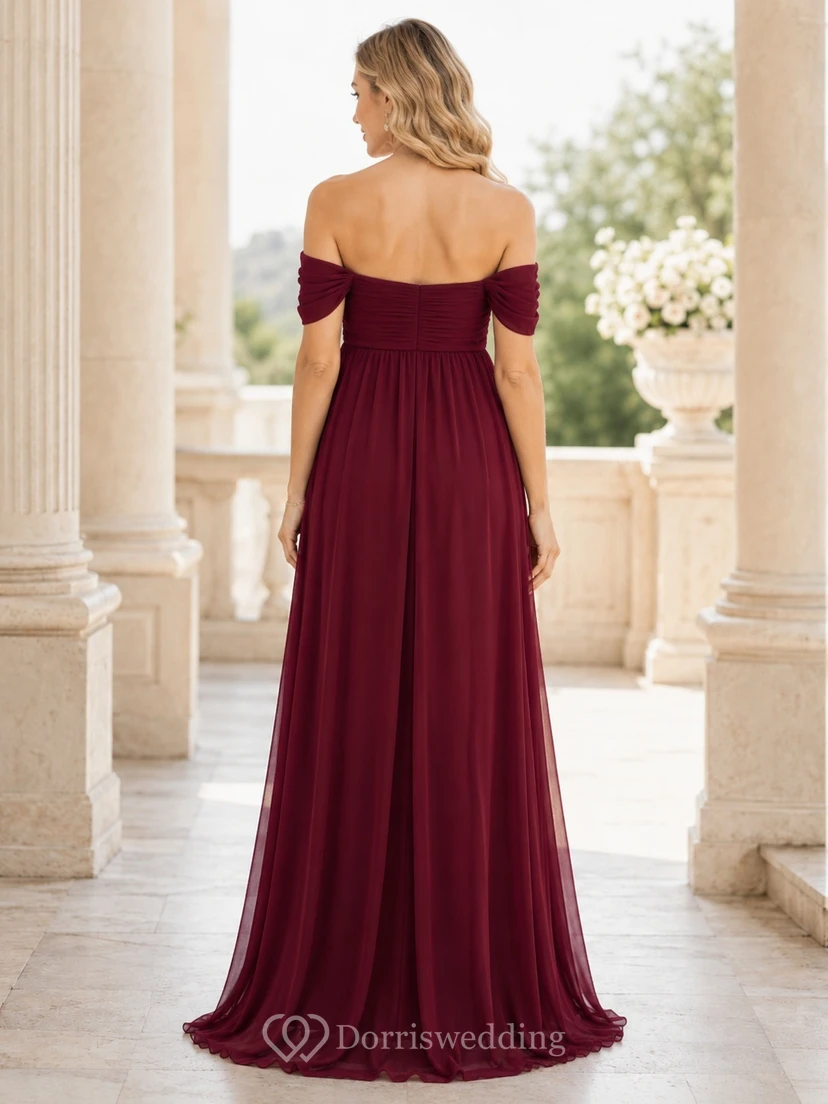 Burgundy Chiffon Short Sleeve Empire Off Shoulder Floor Length Maternity Dress view 2