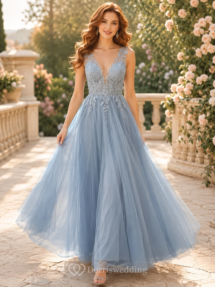 Sky Blue V-Neck Tulle Romantic A-Line Dress