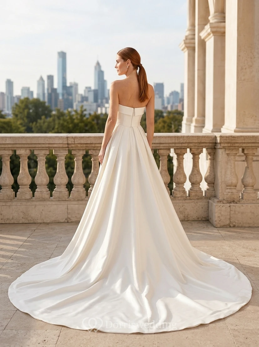 White Strapless Satin Wedding Jumpsuit with Overskirt Train view 2