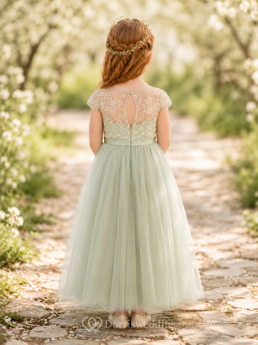 Blumenmädchenkleid aus salbeifarbener Spitze und Tüll, A-Linie, Rundhalsausschnitt, Teelänge view 2