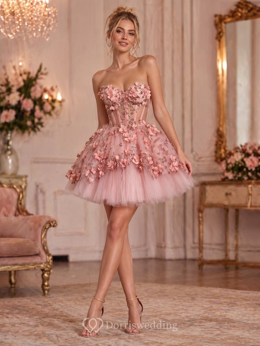 Pink Embroidered Ball Gown Mini Dress | Dorris Wedding