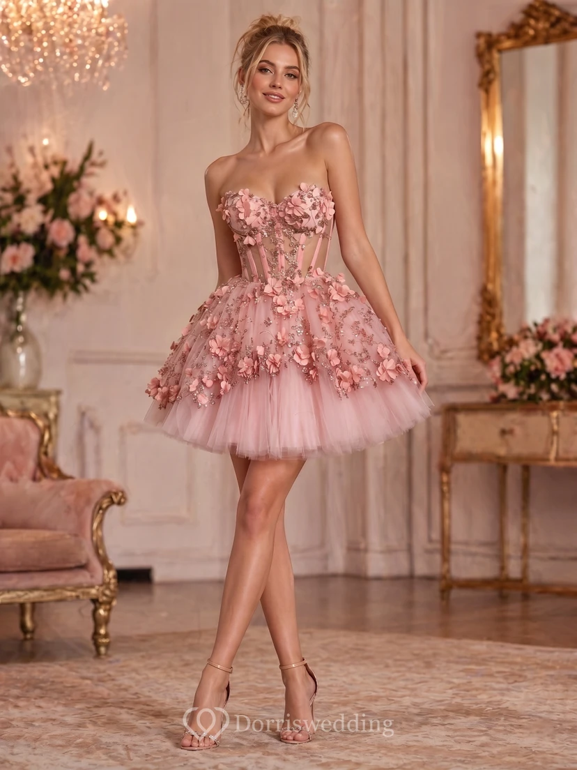 Robe de bal rose brodée, mini-robe