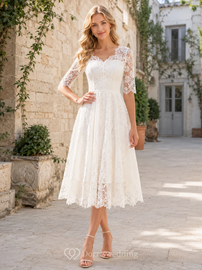 Vestido de novia de estilo vintage, elegante, de corte A, largo hasta la rodilla, escote redondo y manga corta, ideal para renovación de votos matrimoniales.