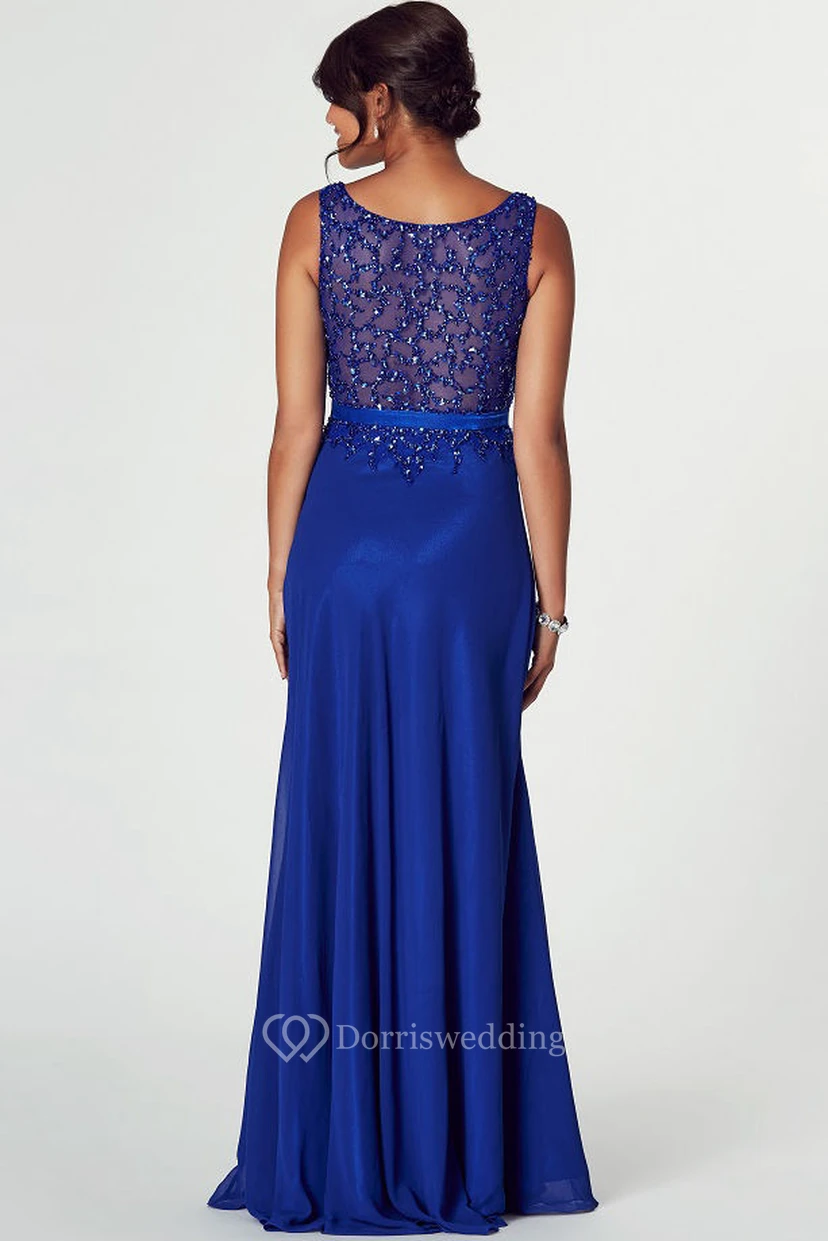 Floor-Length Mermaid Bateau Neck Sleeveless Beaded Chiffon Prom Dress view 2