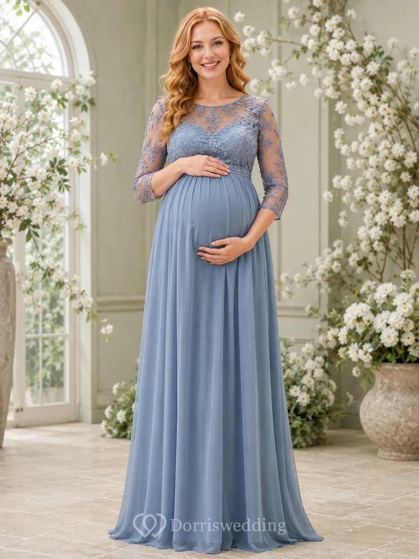 Steel Blue Romantic Scoop Chiffon-Lace Long-Sleeve A-Line Floor-Length Dress