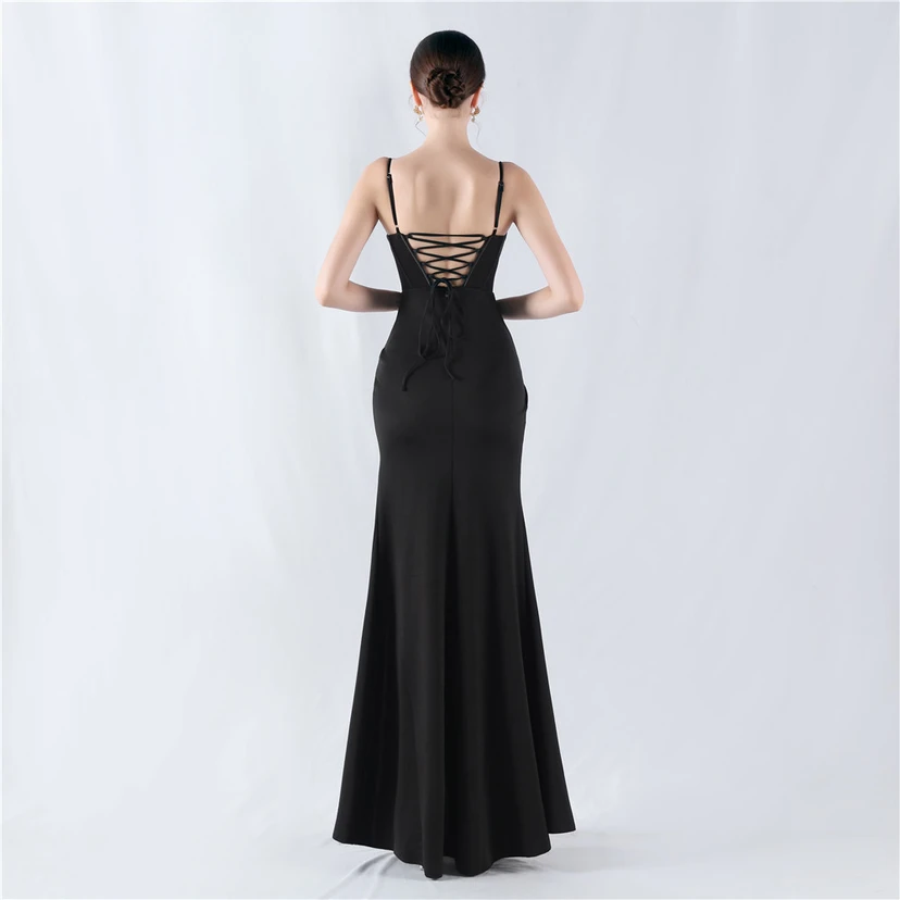 Fishbone Waist Set Crystal Diamond Satin Host Evening Dress view 42