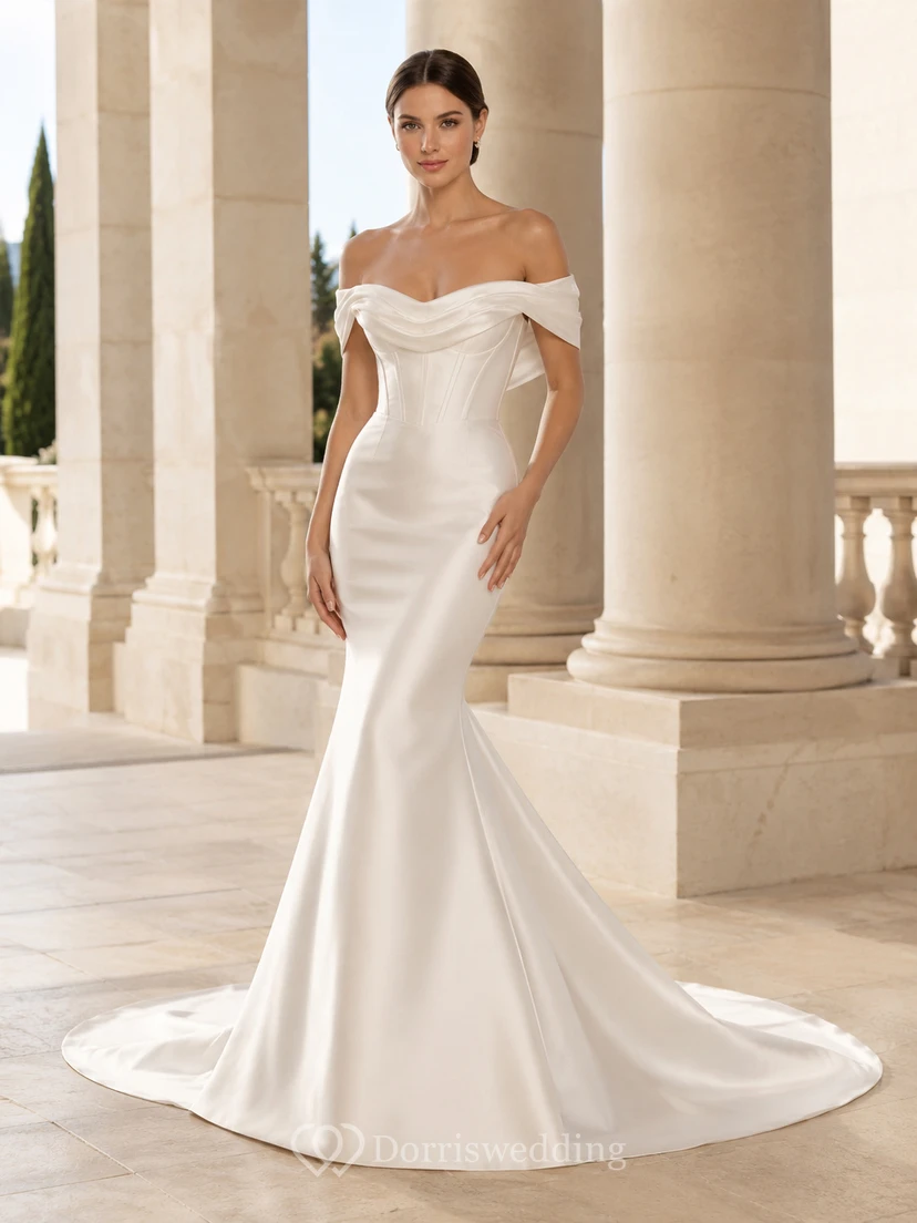 Robe de mariée sirène en satin, épaules dénudées, manches courtes, traîne chapelle, froncée, coupe princesse