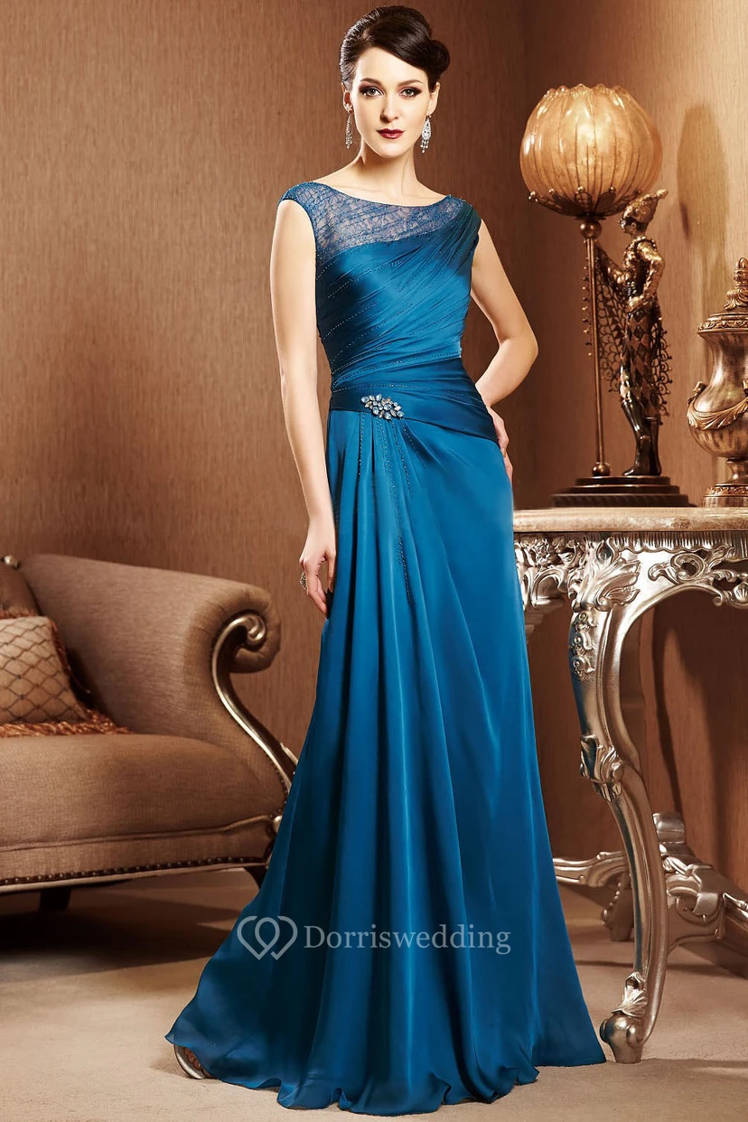 Cap-Sleeved Long Mother Of The Bride Dress With Crystals And Ruching