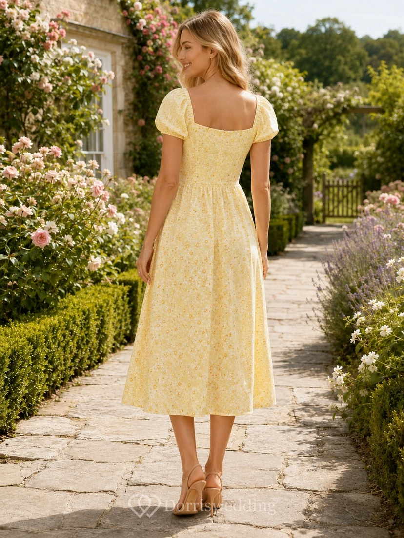 Ländliches, teelanges, gelbes Blumenkleid mit eckigem Ausschnitt und Puffärmeln view 2