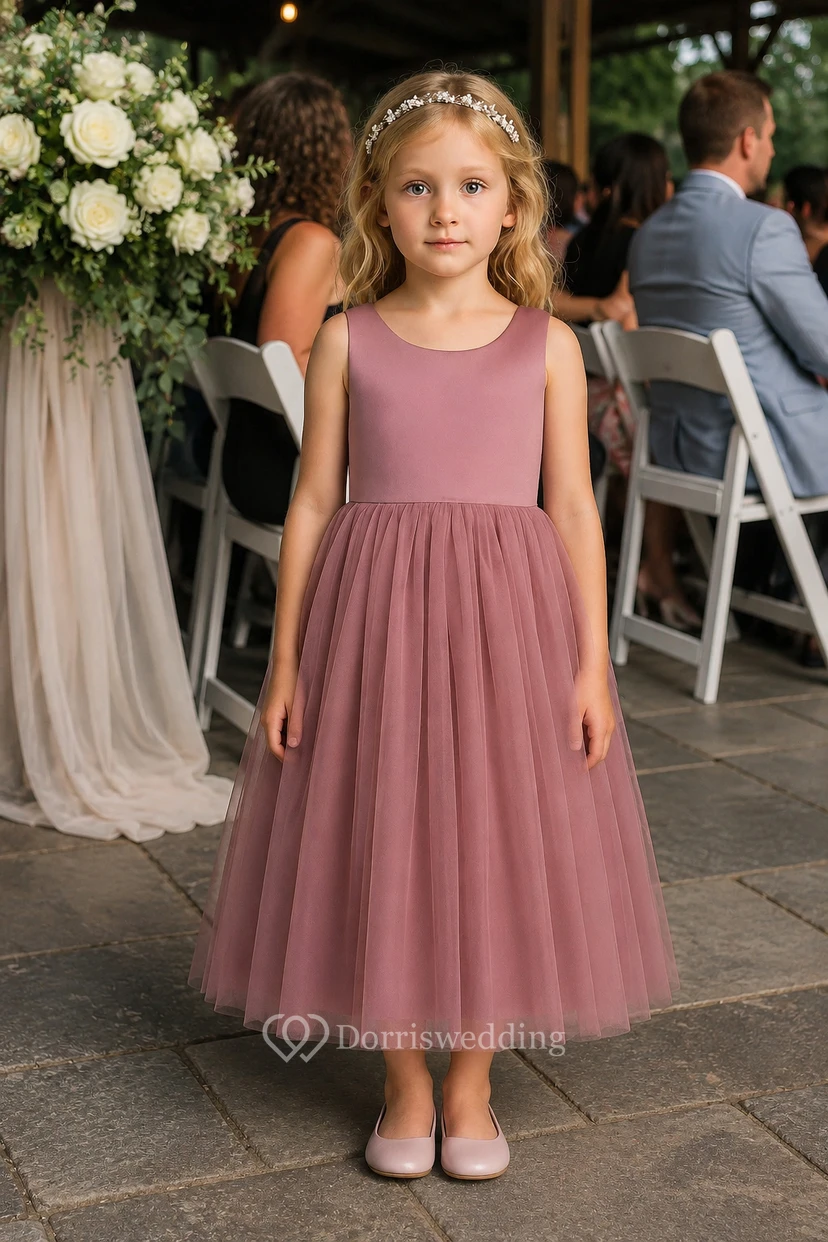 Purple Scoop-neck Sleeveless Satin A-line Tulle Flowergirl Dress view 10