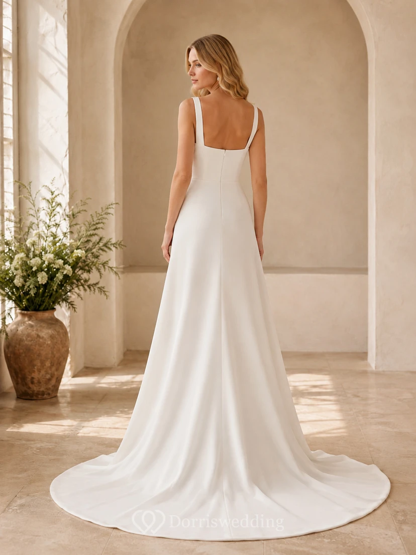 Minimalistisches Brautkleid aus Satin im Meerjungfrauenstil mit eckigem Ausschnitt, ärmellos und mit Schleppe view 2