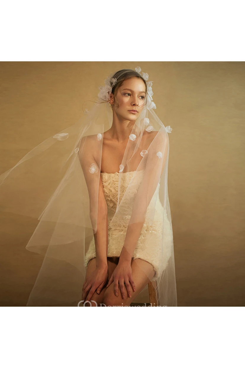Beautiful Handmade Long Tulle Veil with Flowers view 2