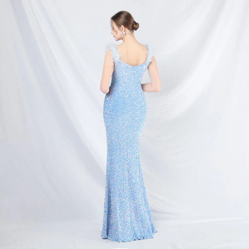 Craft Beaded Ostrich Feather Plush Sequined Long Evening Dress view 6