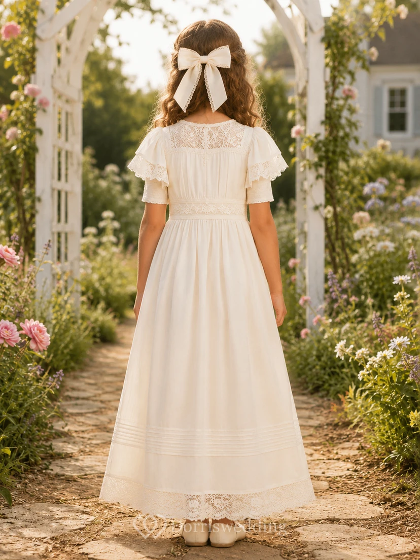 Vestido de comunión de corte A con escote cuadrado y mangas escalonadas estilo pradera view 2