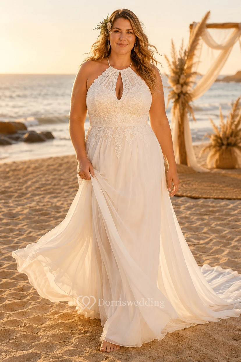 Plus Size Neckholder Chiffon A-Linien Strandhochzeitskleid mit Schlüssellochausschnitt