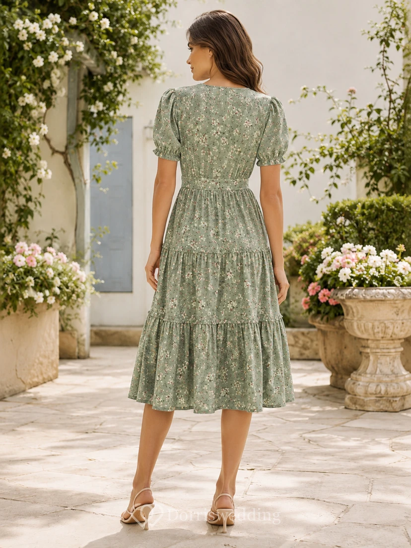 Green Floral V-Neck Puff Sleeve Tiered Midi Dress view 2