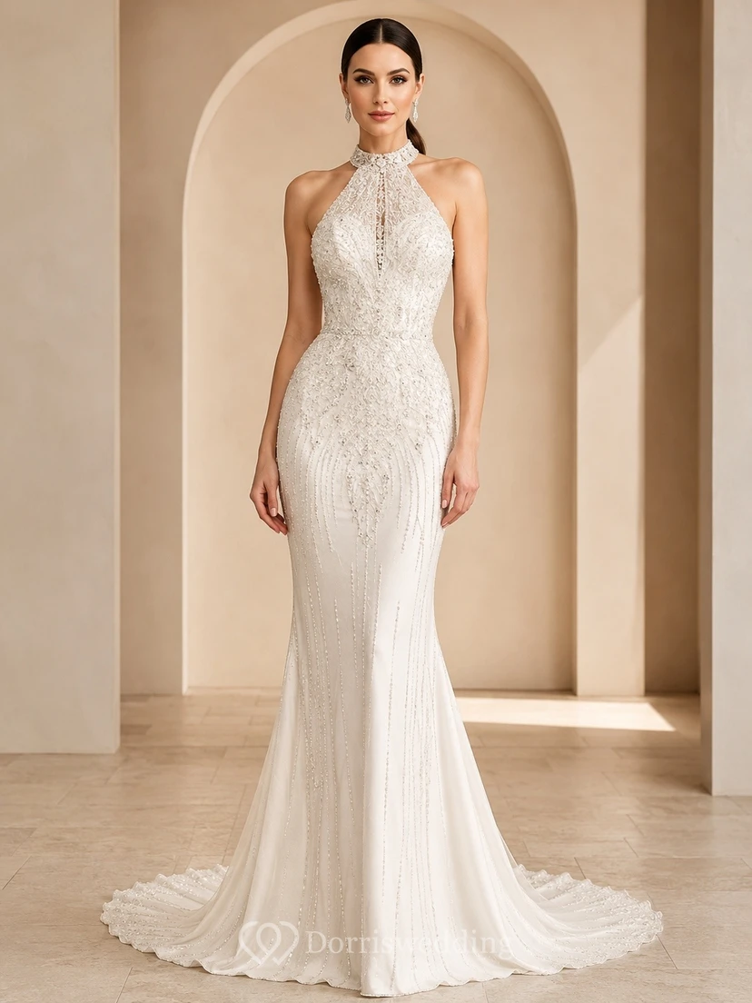 Vestido de novia formal elegante con escote halter y estilo sirena.