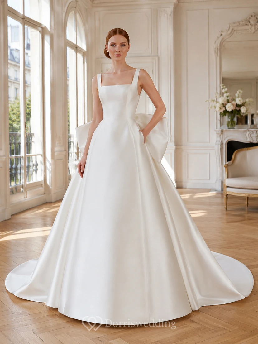 Robe de mariée en satin, robe de bal, col bateau, manches courtes, traîne chapelle
