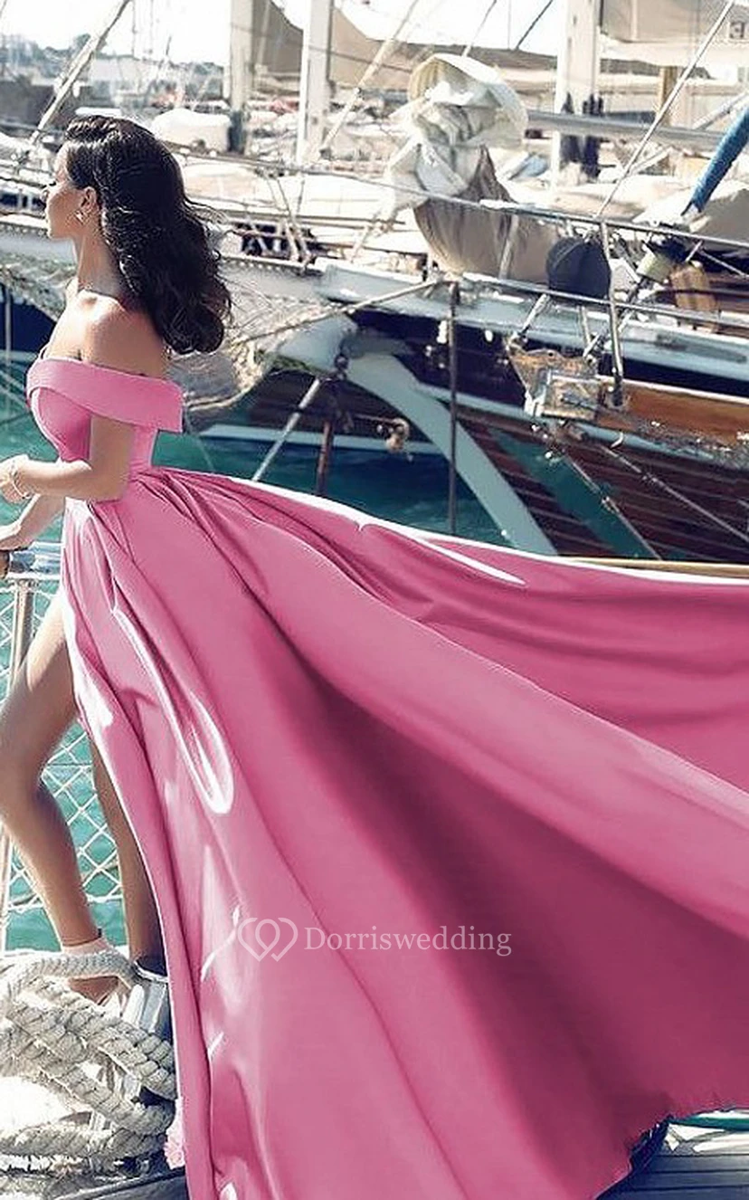 Satin-Abendkleid in A-Linie, bodenlang, mit Schleppe und gekreuzten Trägern view 2