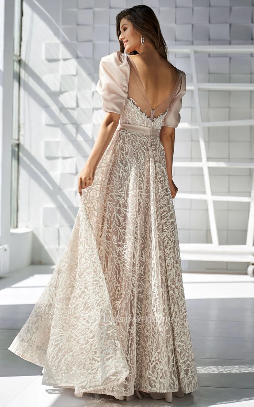 Champagge Half Puff Sleeve Sweetheart A-line Dress with Belt view 2