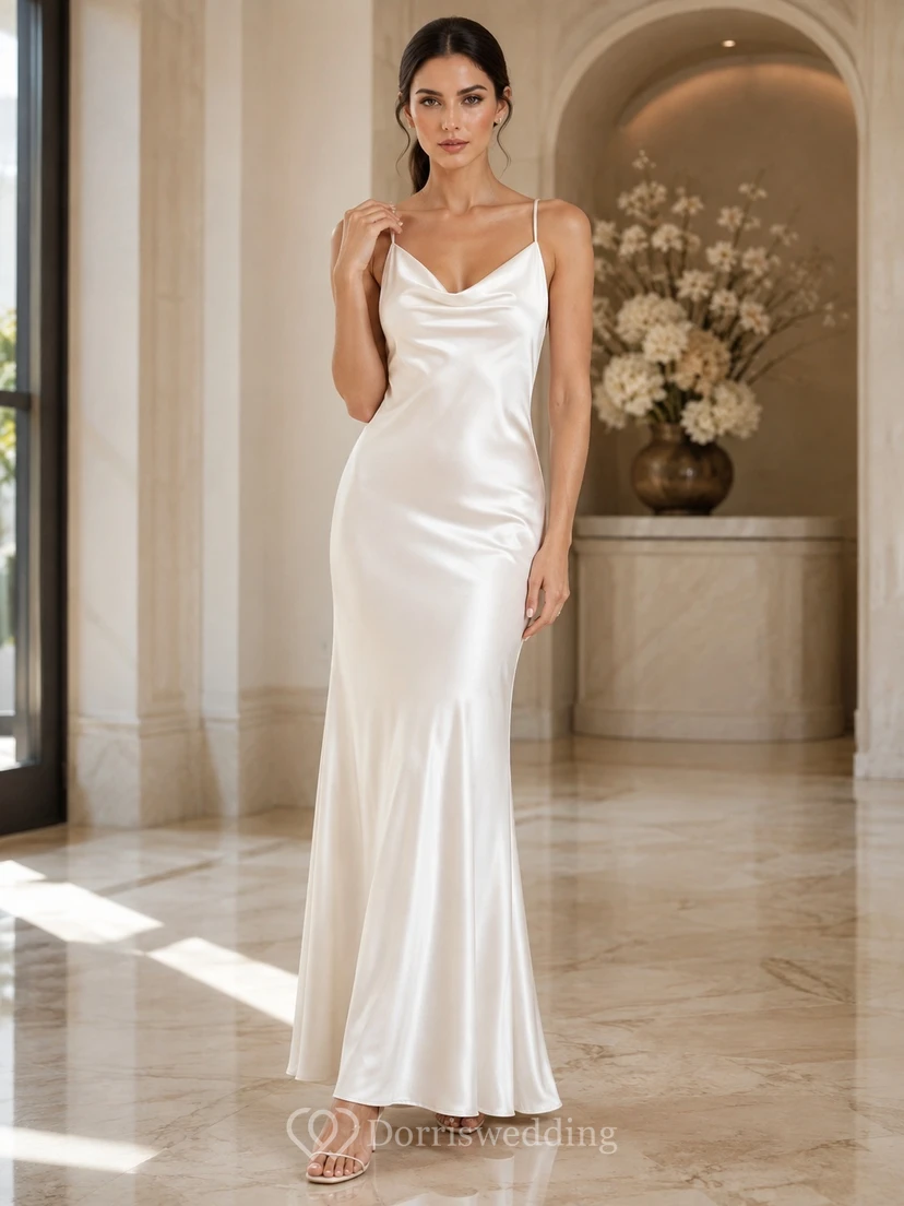Simple Cowl Spaghetti Satin Sheath Floor-Length Minimalist Elopement Wedding Dress