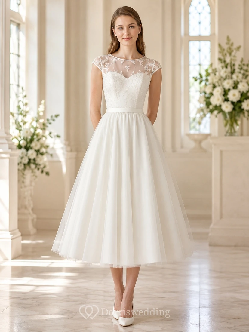 White Lace Scalloped Cap-Sleeve A-Line Tea-Length Modest Dress