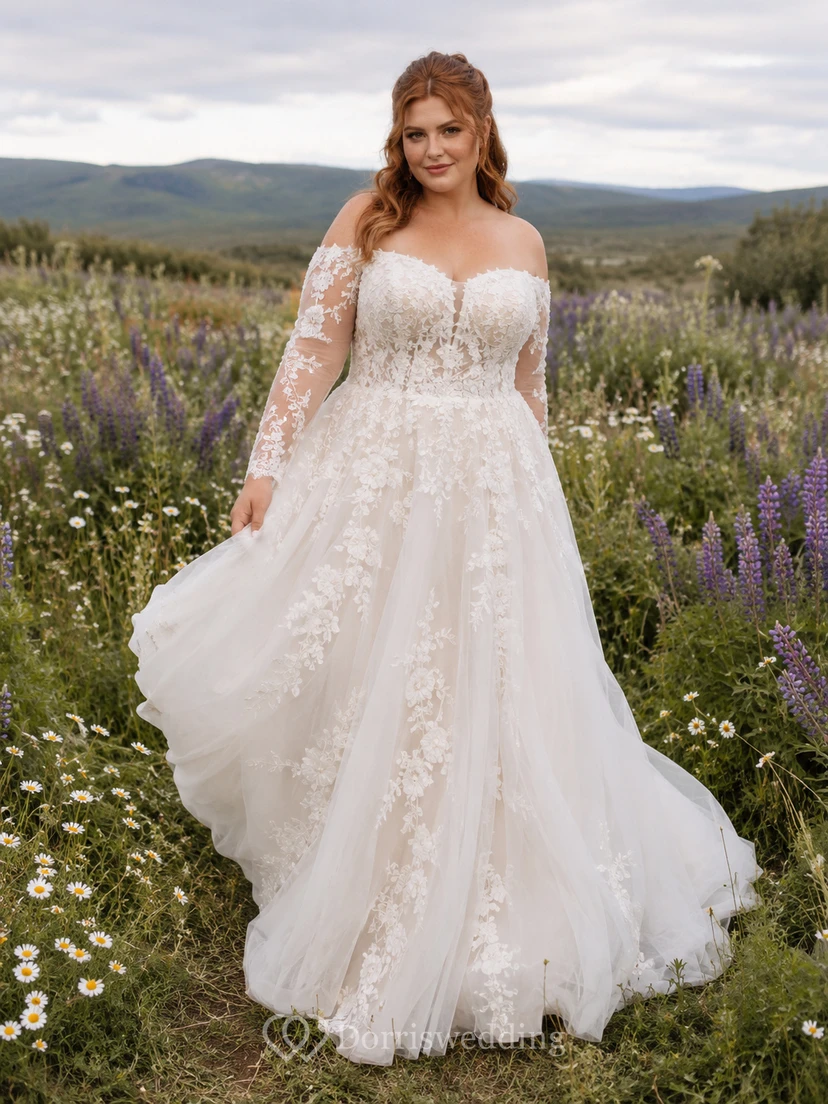 Plus Size Off Shoulder Lace Meadow Wedding Dress