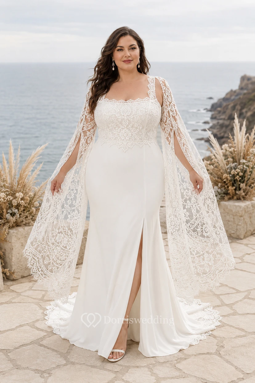 Vestido de novia de talla grande color marfil con escote cuadrado y mangas tipo capa de encaje.
