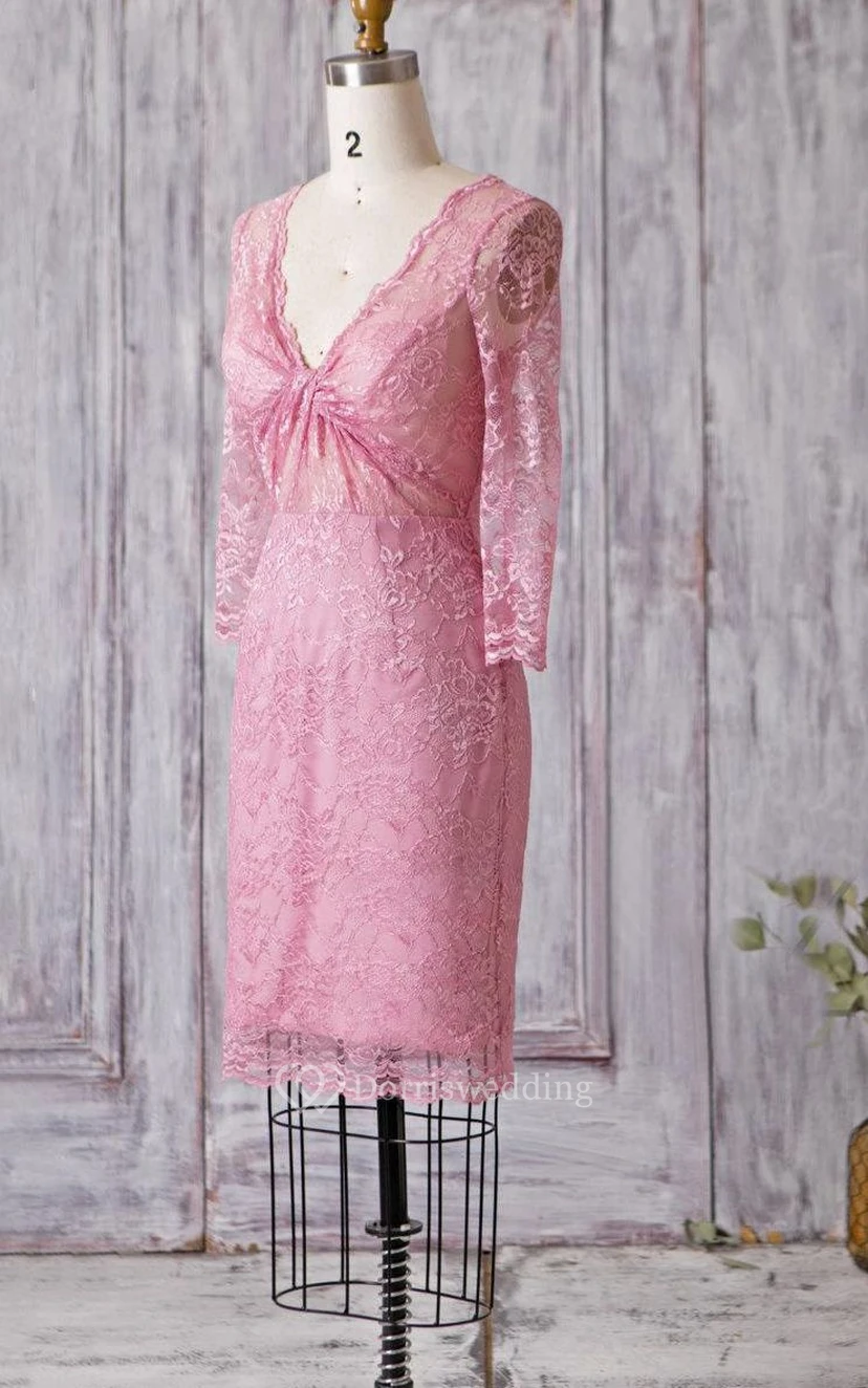 V Neck Illusion 3-4 Sleeve Sheath Lace Knee Length Dress Illusion Style view 2