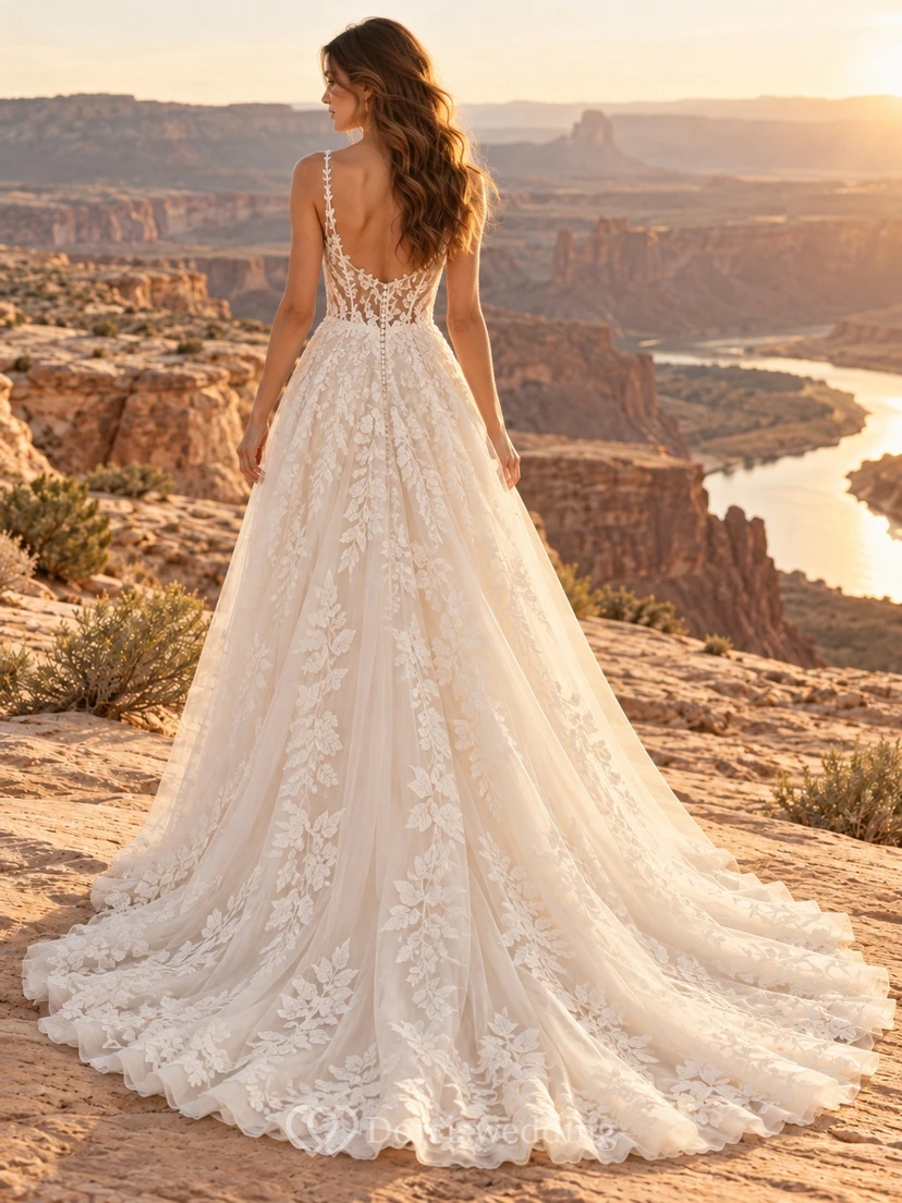 Boho V-neck Spaghetti Strap Floral Chiffon A-line Train Wedding Dress view 2