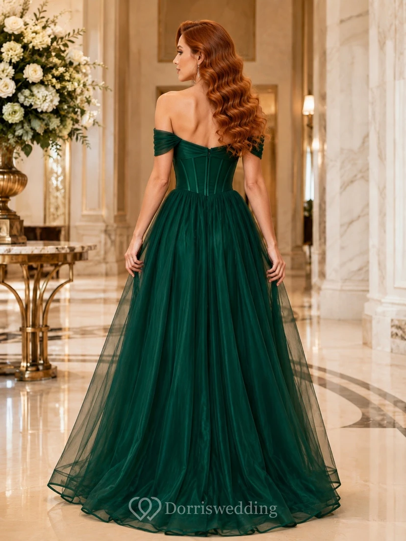Emerald Off Shoulder Satin Pleated A-Line Formal Evening Gown view 2