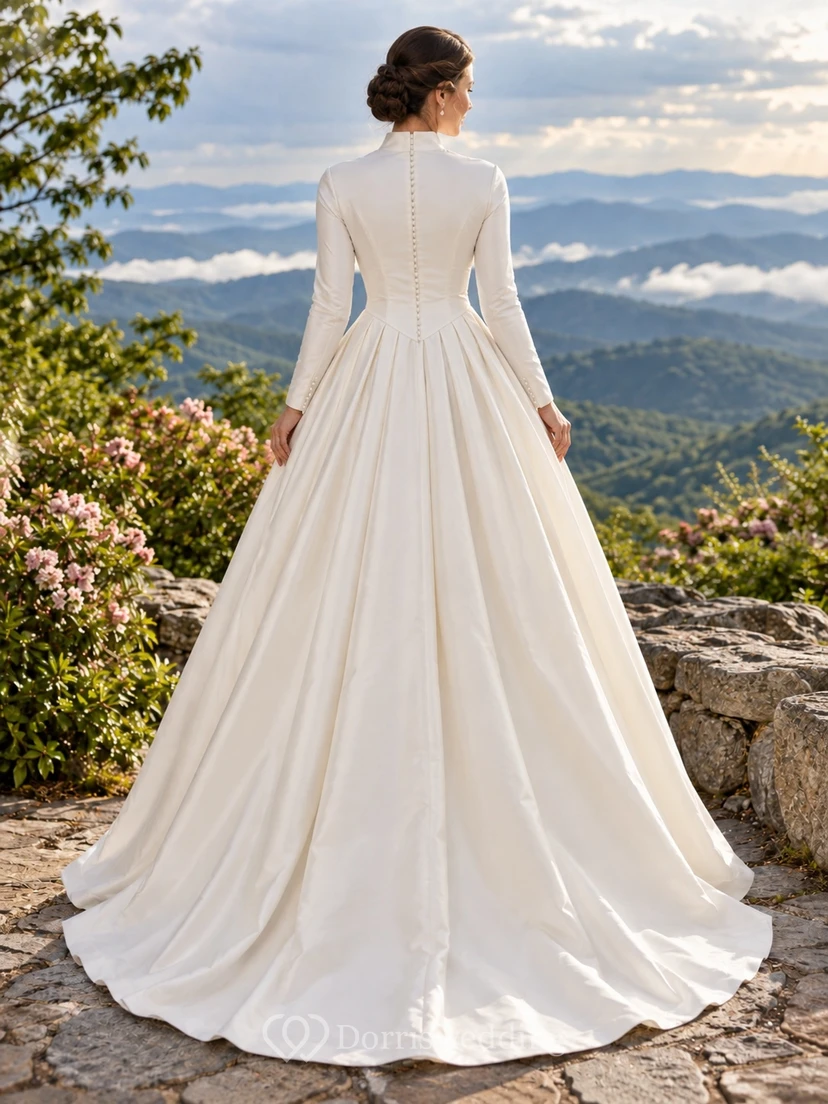 Vestido de novia sencillo de manga larga, cuello alto y tafetán liso hasta el suelo. view 2