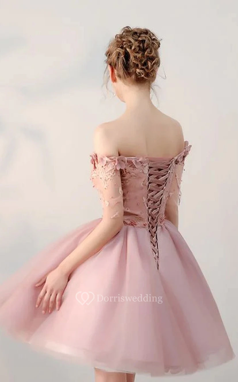 Kurzes, schulterfreies A-Linien-Abendkleid mit Korsettrücken view 2