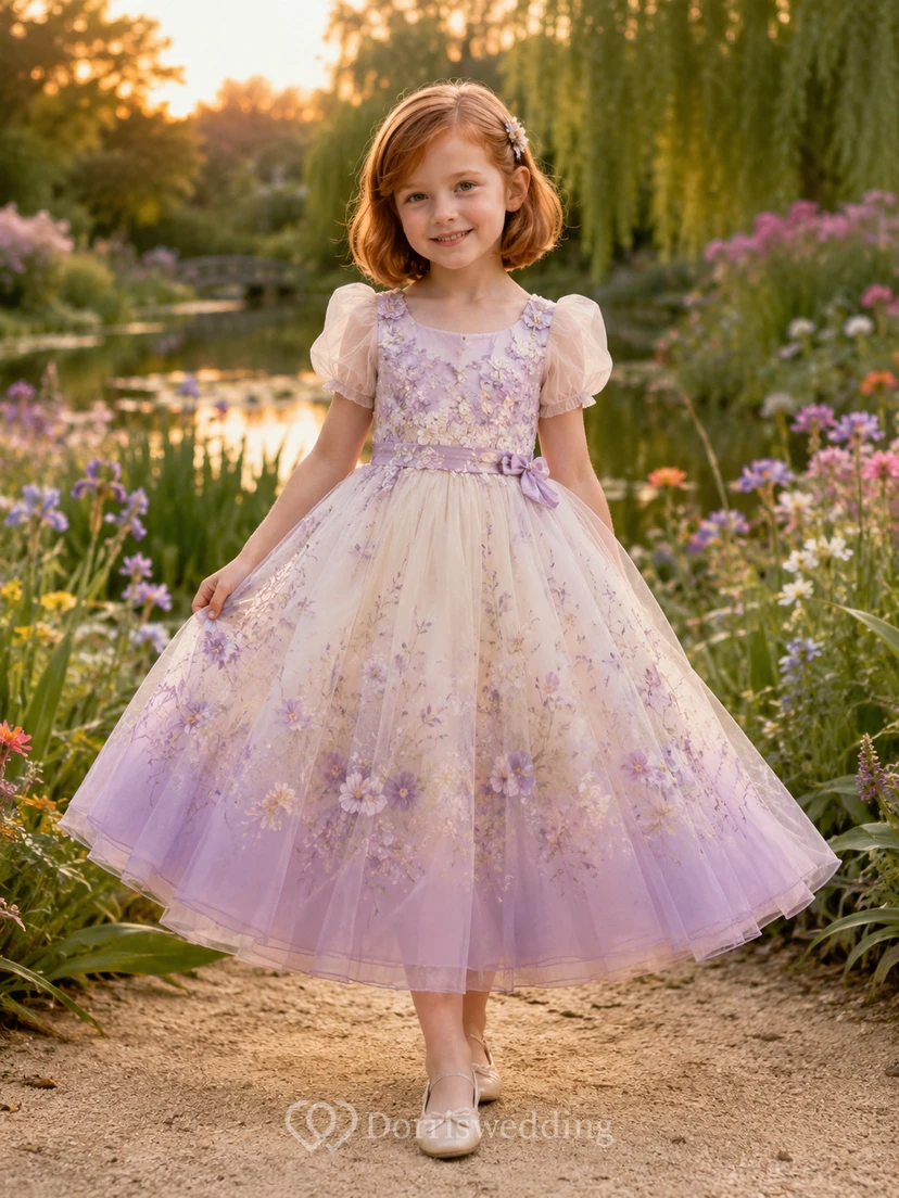 Lavender Flower Girl Dress with Puff Organza Sleeves, Floral Applique Square Bodice, Tea-Length Ombre Tulle Skirt and Satin Bow Waist