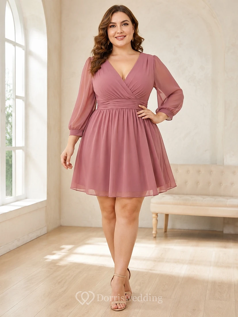 Minikleid aus Chiffon in Altrosa mit V-Ausschnitt, langen Ärmeln und A-Linien-Schnitt, Übergröße