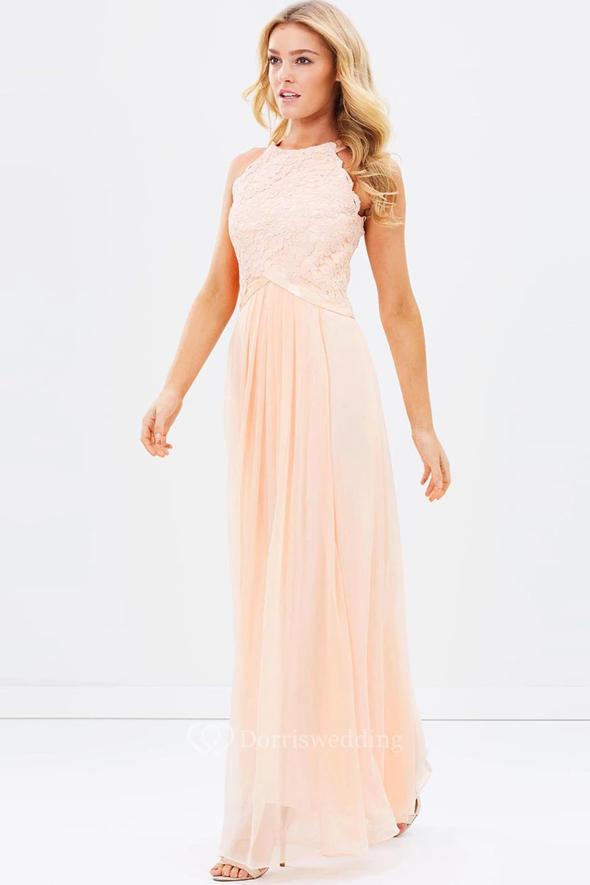 Ärmelloses, appliziertes Brautjungfernkleid aus Chiffon in Rosé mit Rundhalsausschnitt und Schleife view 5