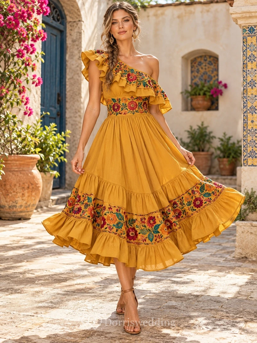 One Shoulder Yellow Floral Embroidered Waist Ruffle Cumbia Dress