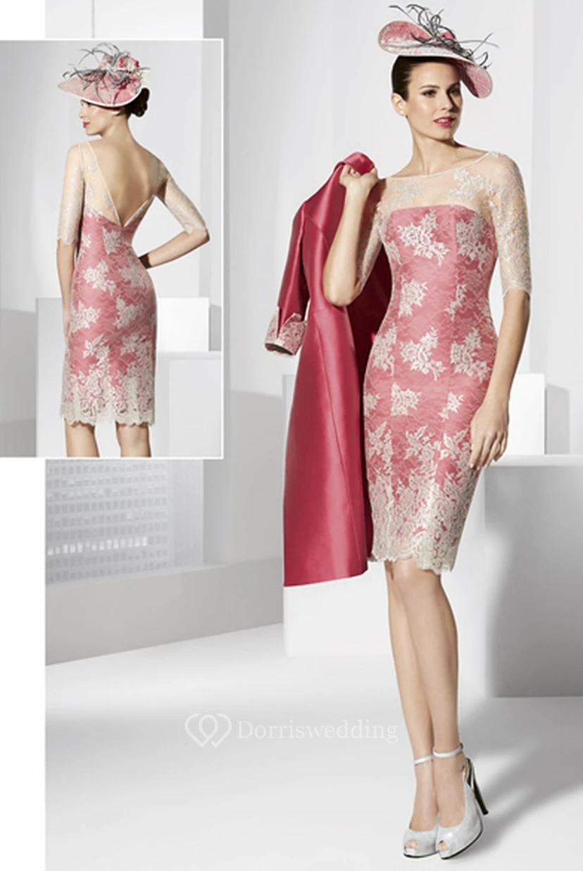 Halbarmiges, appliziertes Satin-Abendkleid in Knielänge mit passender Jacke view 2