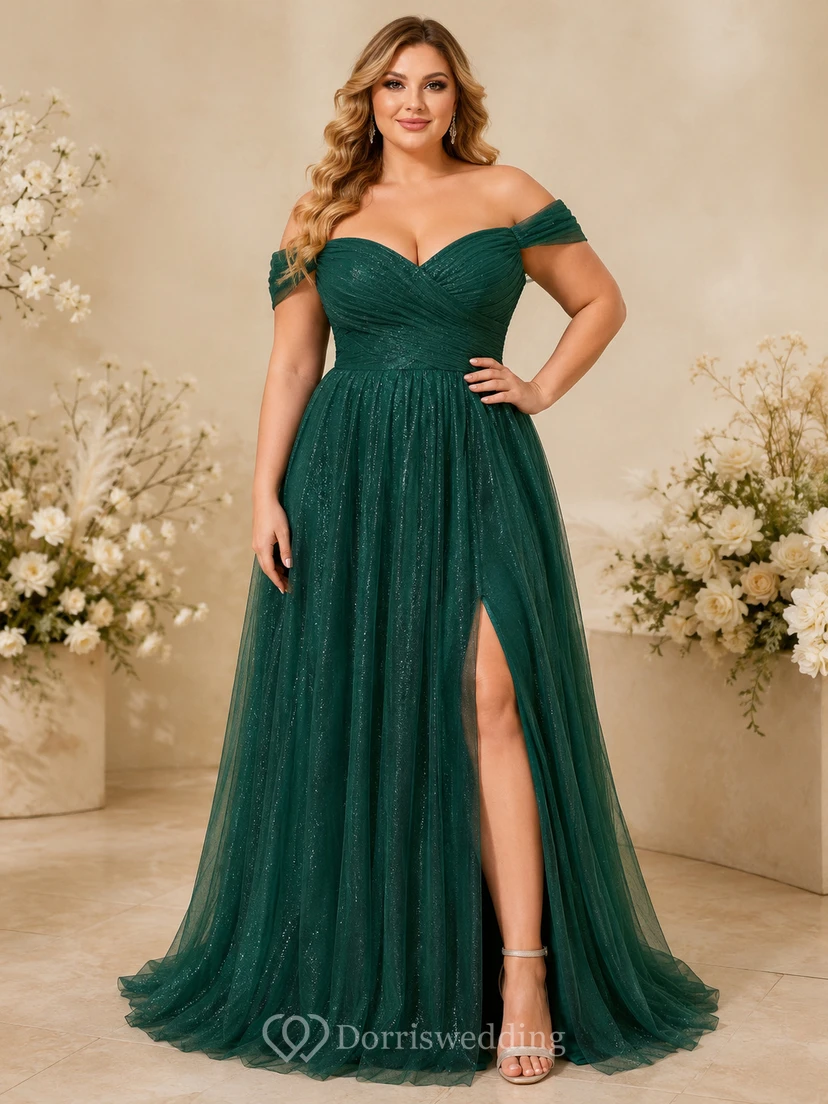 Plus Size Split Dark Green A-Line Floor-length Off-the-shoulder Short Sleeve Tulle Romantic Sexy Prom Evening Formal Reception Dress