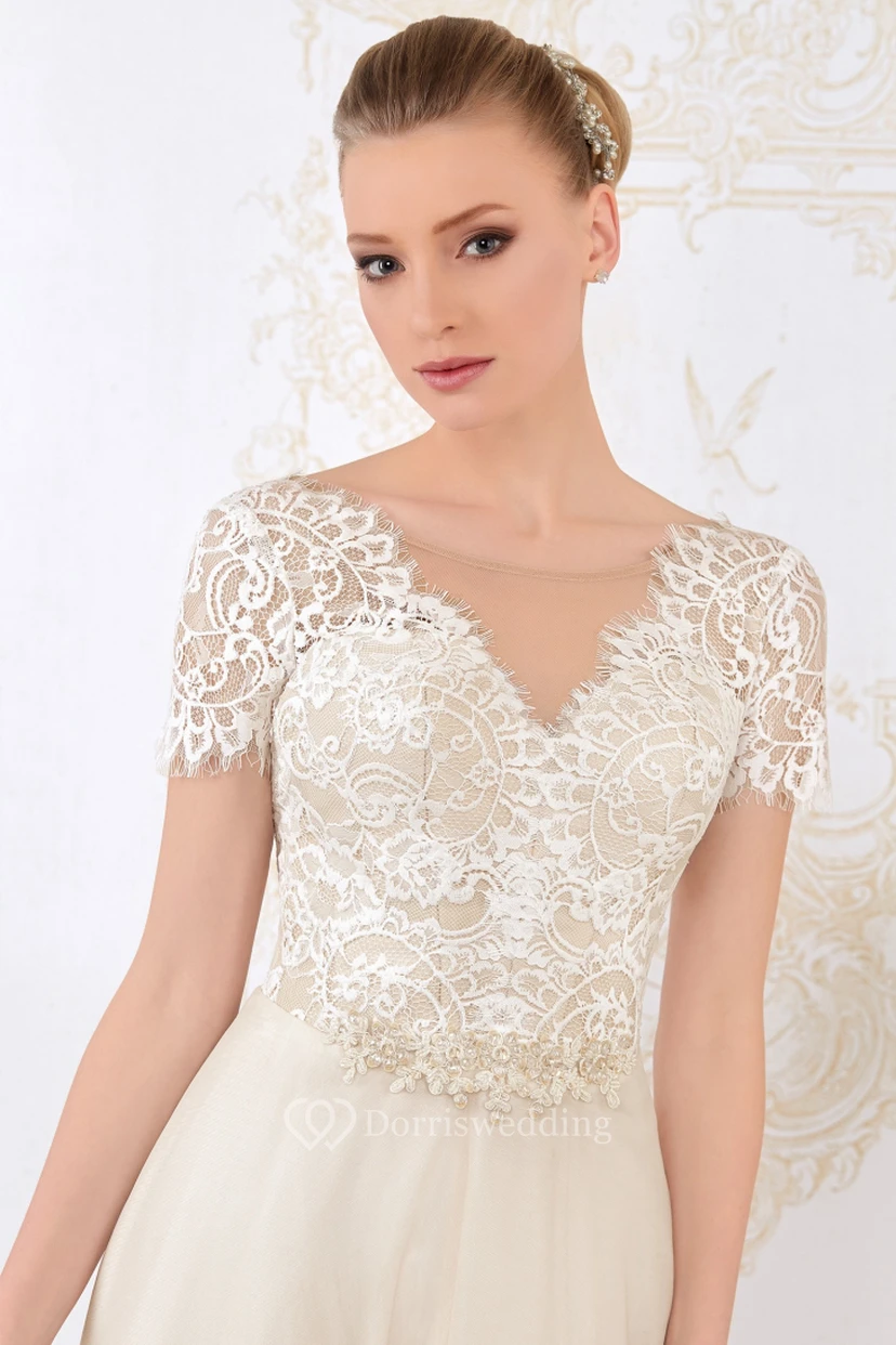 Floor-Length V-Neck Appliqued Short-Sleeve Lace Wedding Dress view 4
